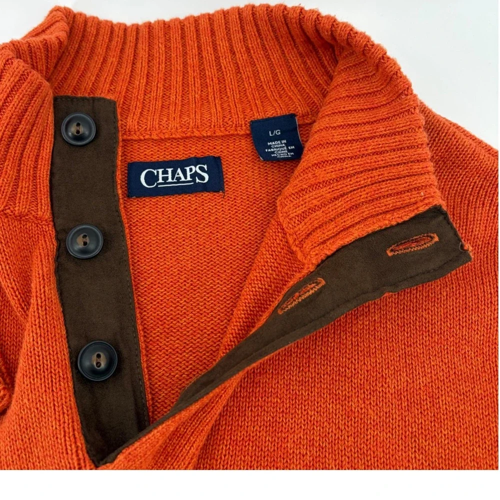 Chaps Mens Orange Mock Neck Button Sweater‎ with Suede Elbow Patches Size L